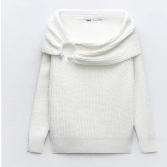 NWT Zara off the shoulderChunky Cable Knit  Sweater Bloggers Fave XL White Wool - Picture 4 of 9